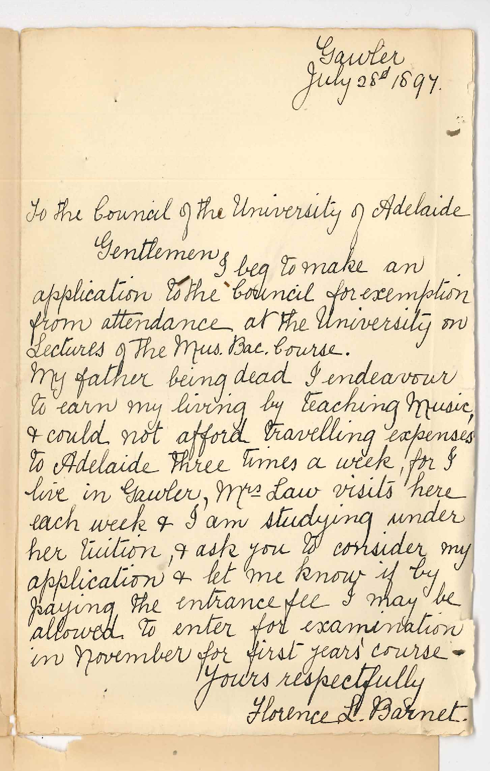 Miss Florence L Barnett - Gawler - Application for exemption from Music Bachelor lectures