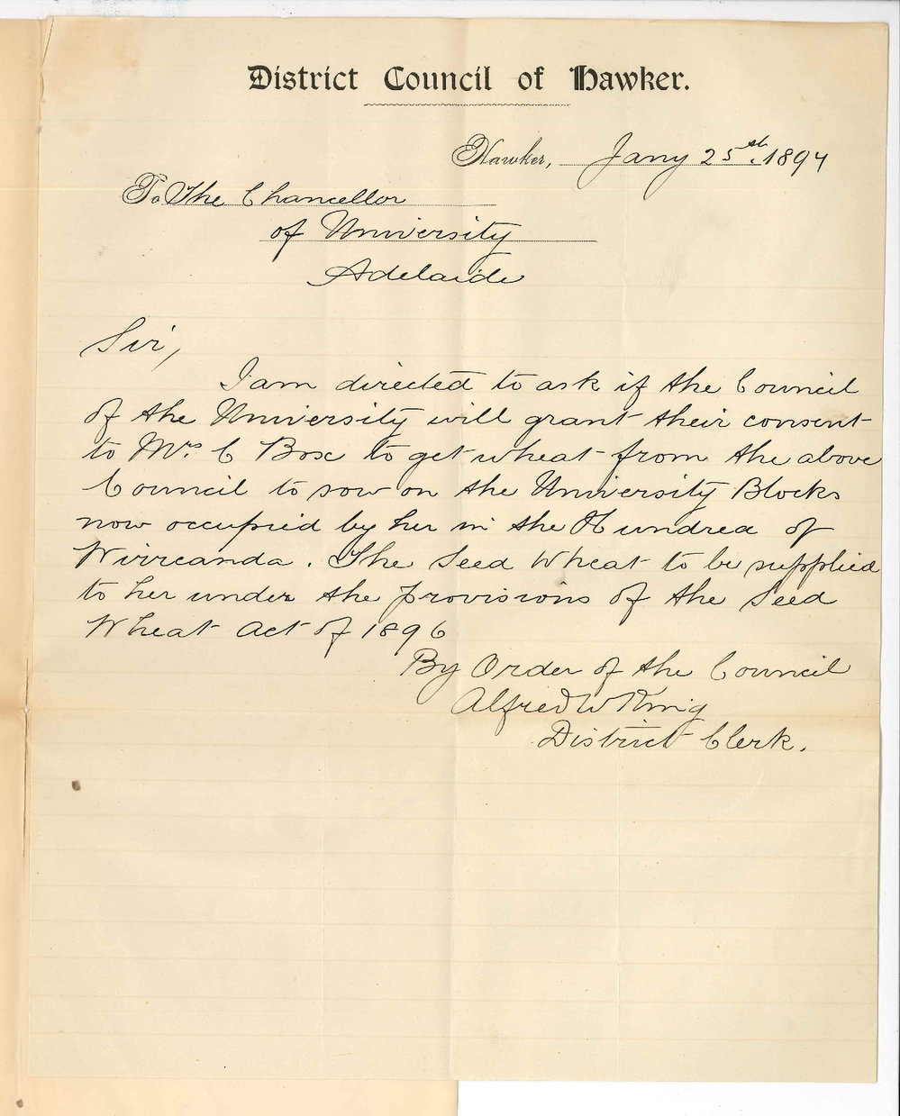 A W King - Clerk District Council Hawker - Re supplying Mrs Box with seed wheat