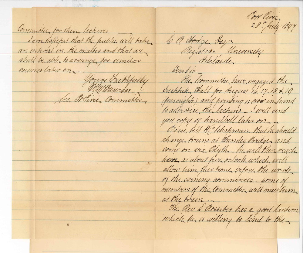 K W Duncan - Secretary University Committee Port Pirie - Re Extension lectures