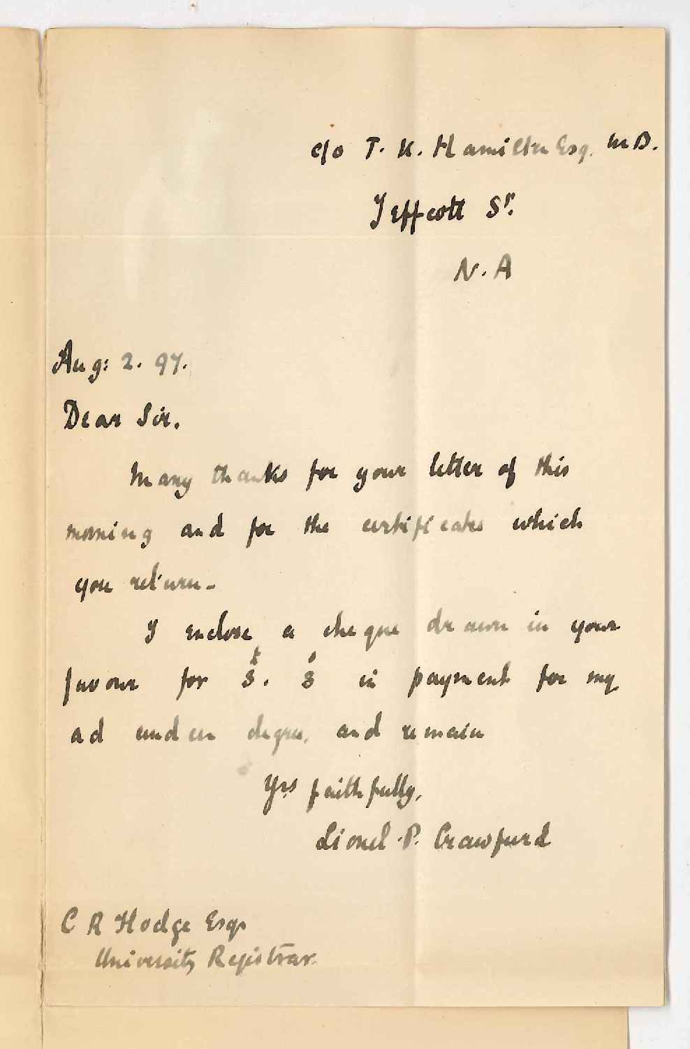 Reverend Lionel P Crawford - Jeffcott Street North Adelaide - Enclosing cheque value &pound;3-3 for admission to MA degree ad eundem gradum