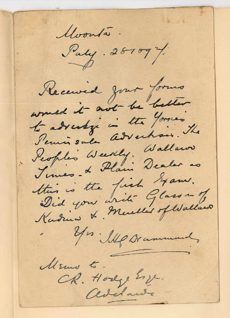 J H G Drummond - Moonta - Exams at Moonta