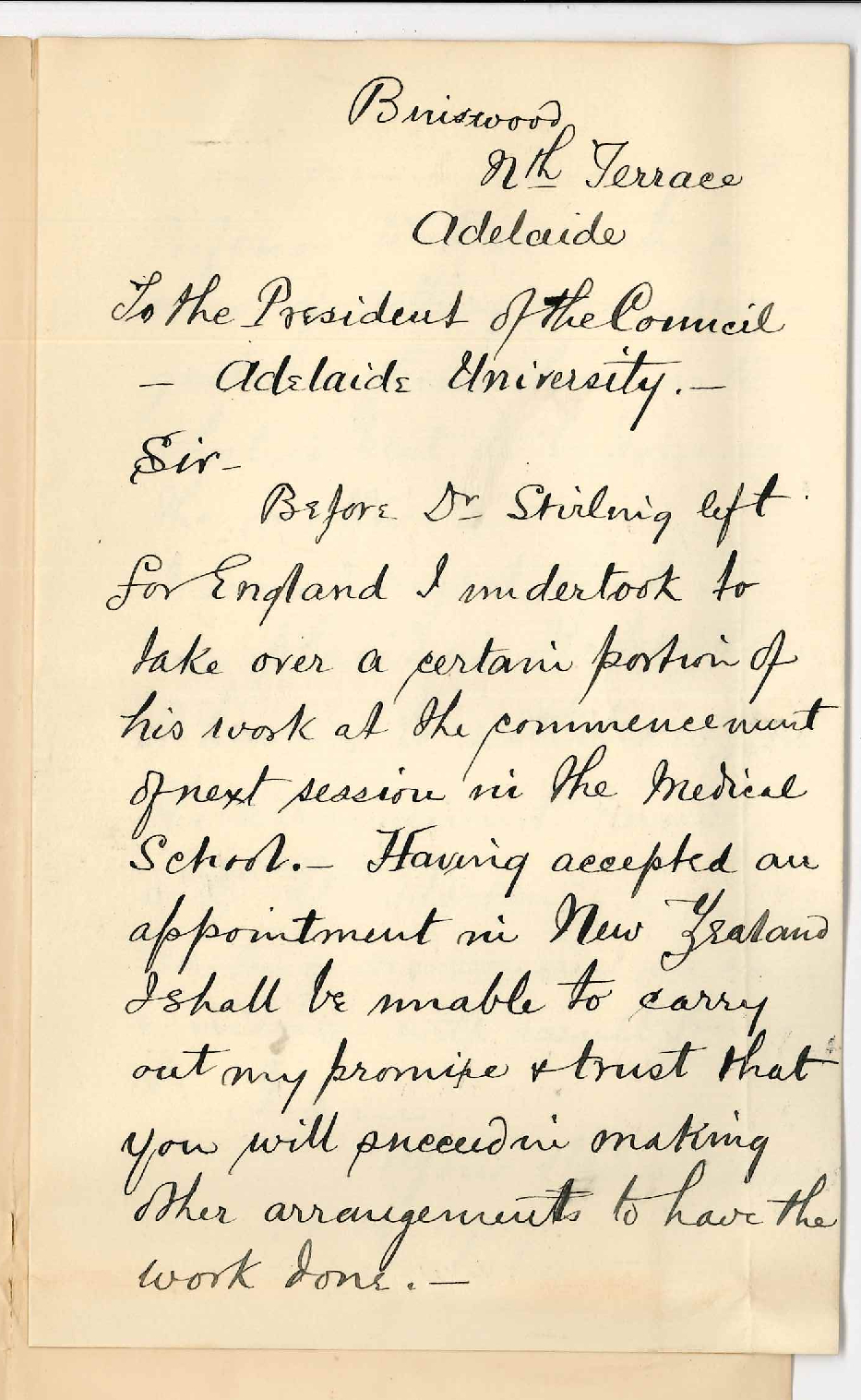Dr Ebenezer Teichelmann - North Terrace - Resigning position as locum tenser for Dr Edward Charles Stirling