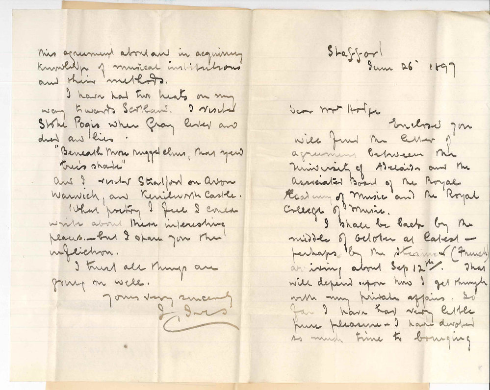 Professor Joshua Ives - Stafford - Enclosing letter of agreement between Royal Academy of Music Royal College of Music and the University