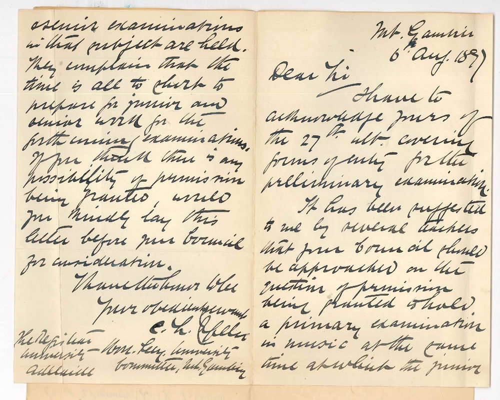 Carl Louis Spehr - Mount Gambier - Request for Primary Music to be held at Mount Gambier instead of Junior and Senior
