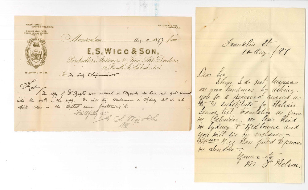 Lady Superior - Dominican Convent - Franklin Street - Information re Senior Italian text books