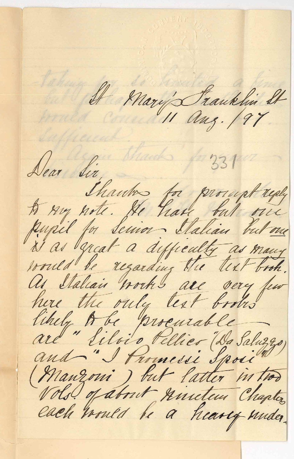 Lady Superior - St Marys Domenican Convent - Franklin Street Adelaide - Suggesting textbook for Senior Italian