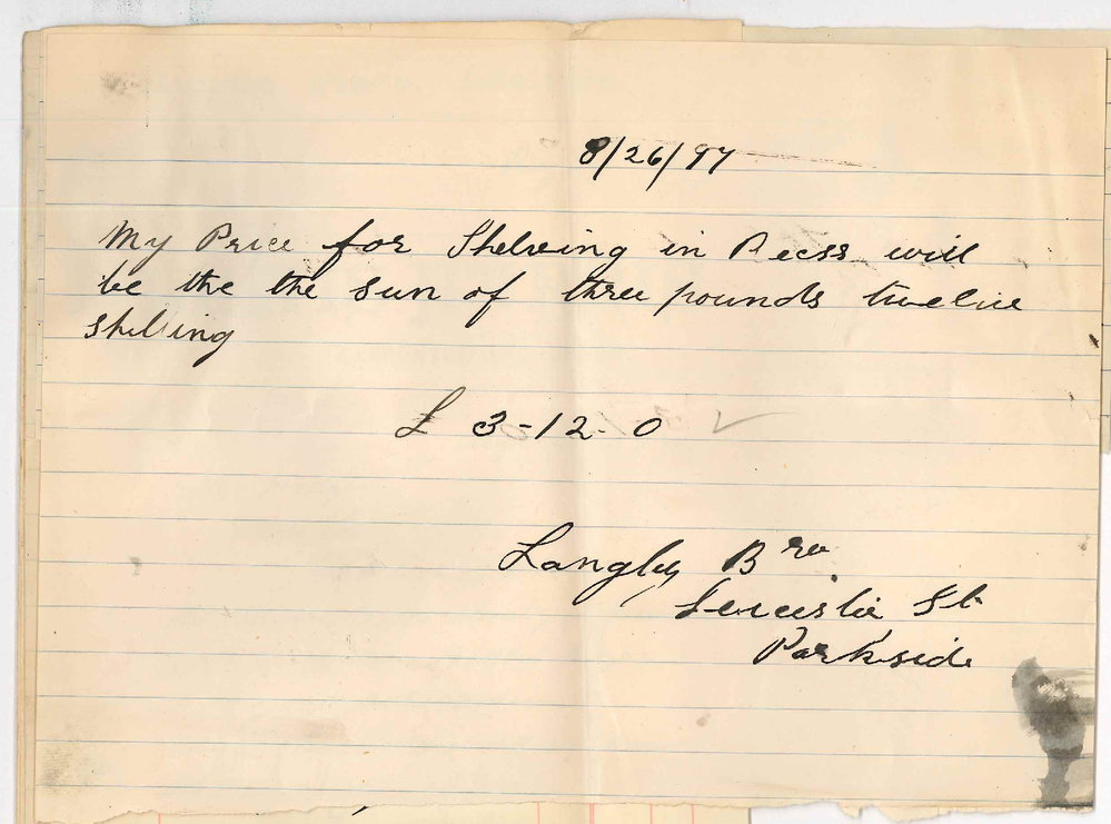 Langley Brothers - Lewis Harris - John Leitch - P Gordon - Tenders for erection of cupboards and shelves in Professors room