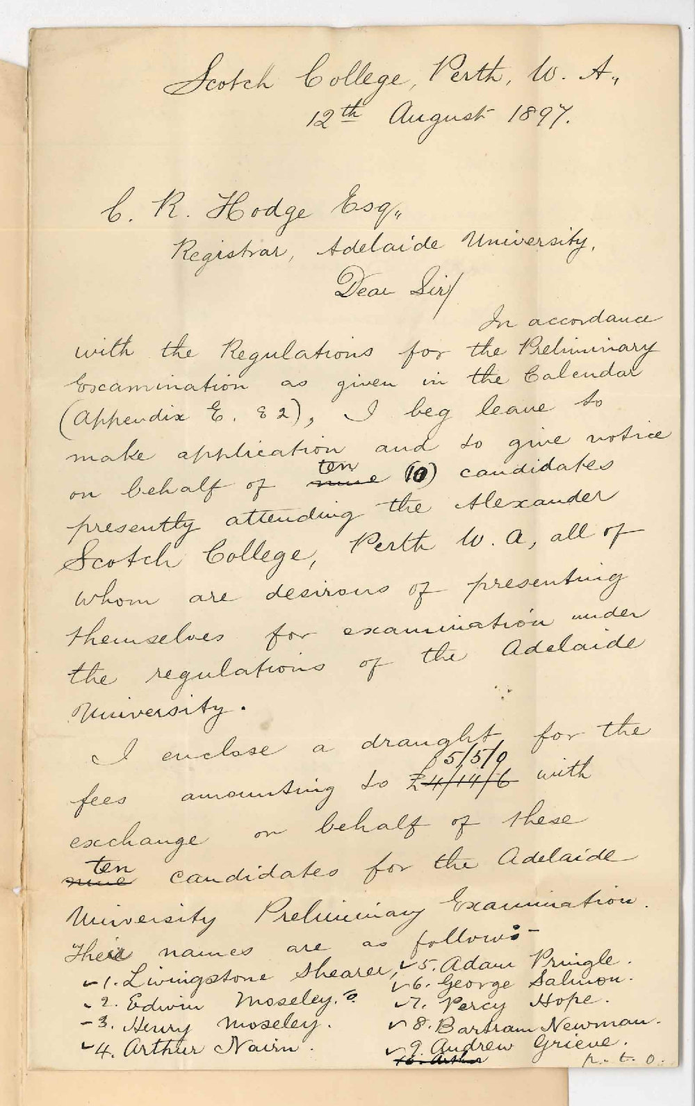 John Sharpe MA - Principal - Scotch College - Perth WA - Regarding holding Preliminary Exam at Perth