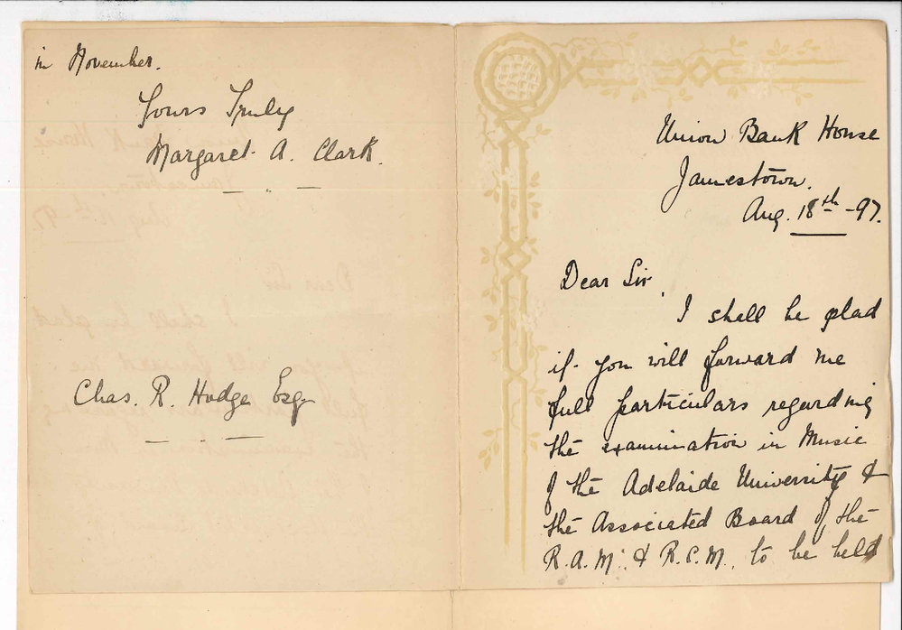 Miss Margaret A Clark - Union Bank House - Jamestown - Information re Exam in Music by University and Associated Board
