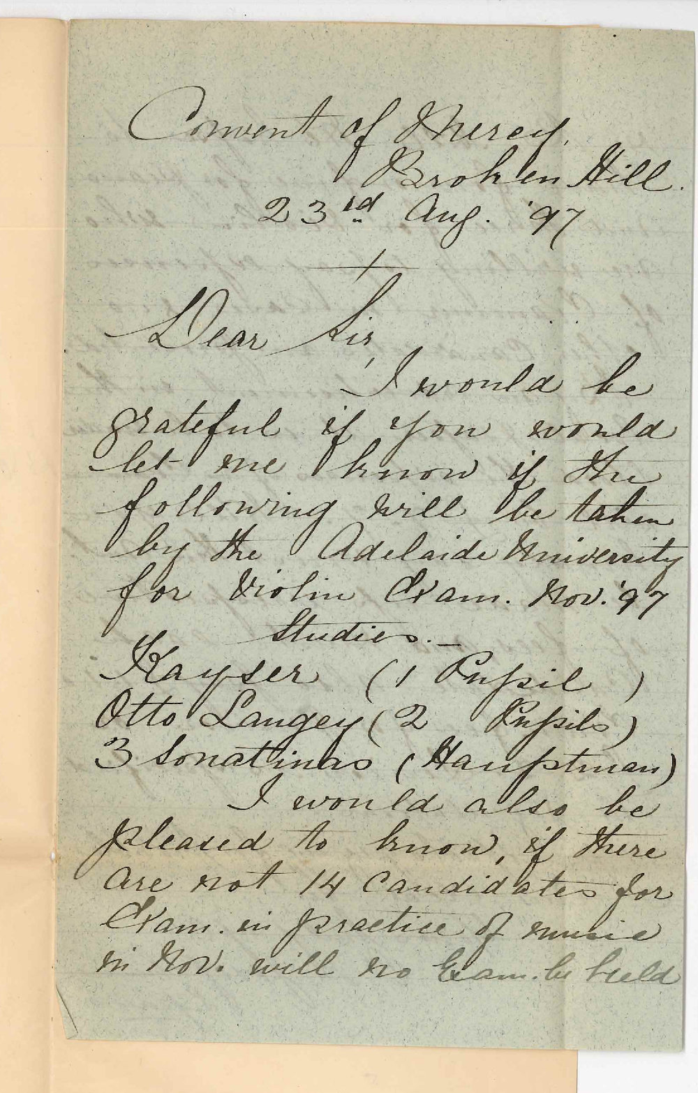 Sister Josephine - Lady Superior - St Josephs Convent of Mercy - Broken Hill - Regarding Music Exam at Broken Hill