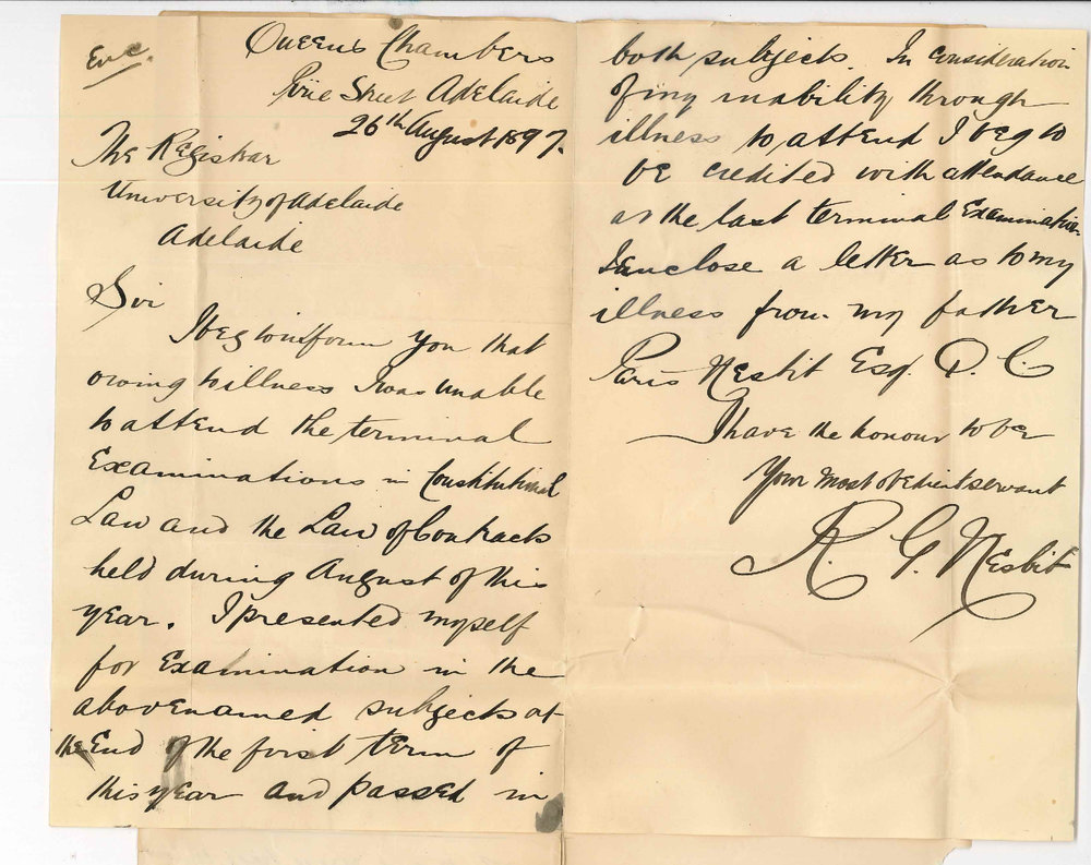 Reginald George Nesbit - Pirie Street Adelaide - Request to be credited with attendance Contracts and Constitutional