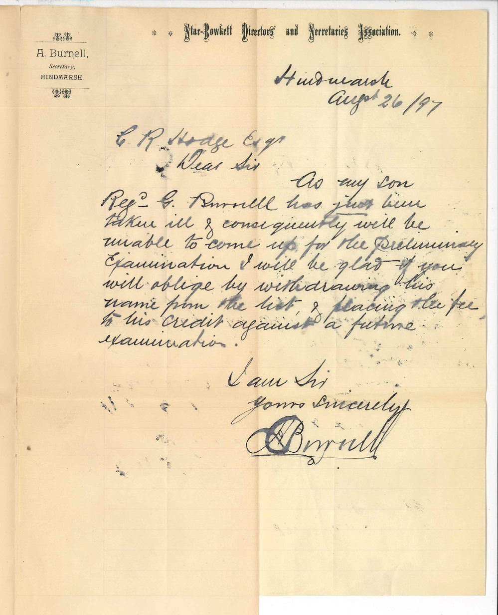 H Burnell - Hindmarsh - Notifying withdrawal of Reginald G Burnell from Preliminary Exam owing to illness