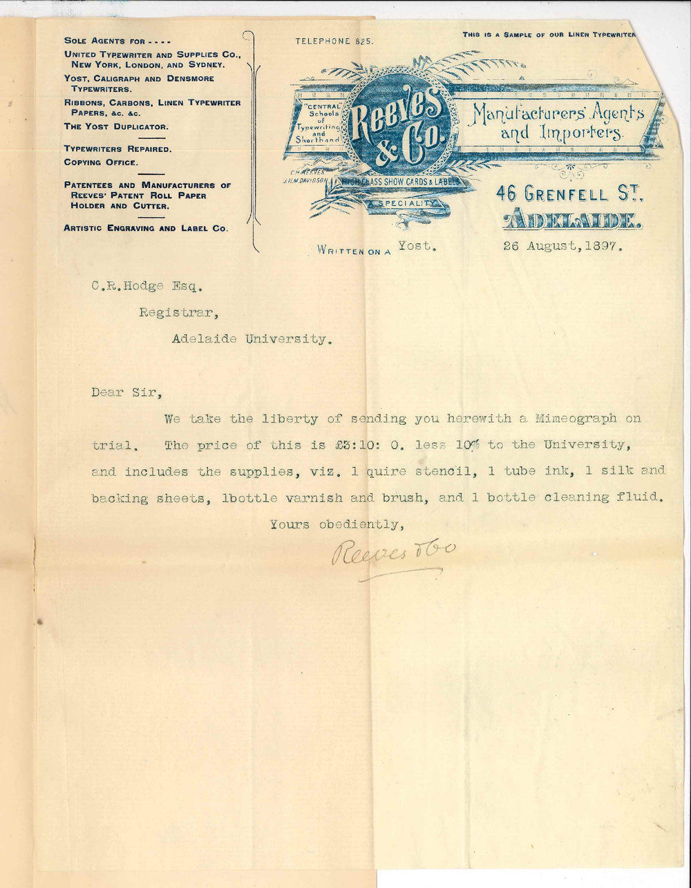 Reeves and Company - Grenfell Street - Forwarding Mimeograph on Approval