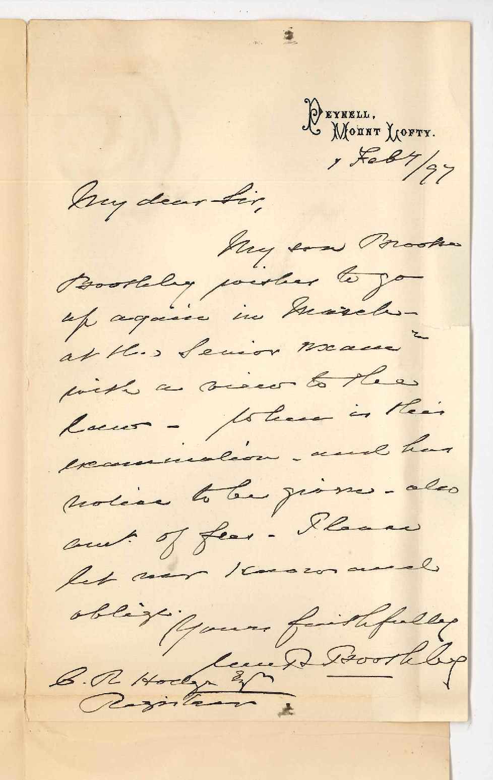 William Robinson Boothby - Re Frederick Brooke Boothby entering for Special Senior Public