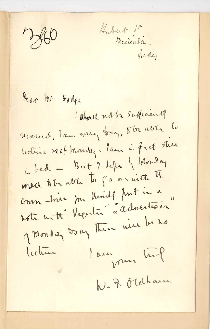 Wilfrid F Oldham - Medindie - Unable to lecture owing to illness