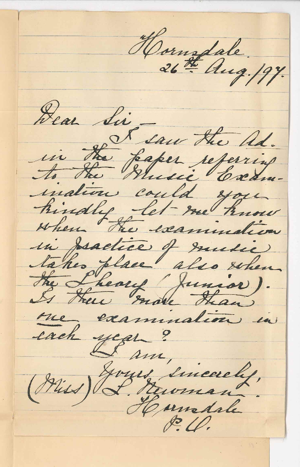 Miss L Newman - Hornsdale - Information regarding Junior Exam in Music