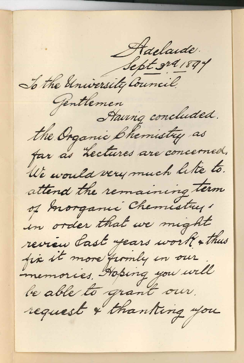 Edward F Gryst - Walter Herbert Blades - Adelaide - Requesting permission to attend lectures on Inorganic Chemistry during third term