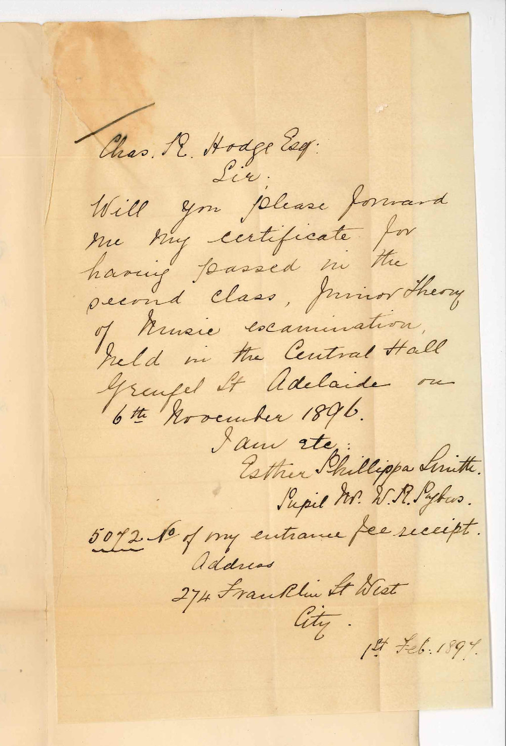 Miss Esther Phillippa Smith - Adelaide - Asking for Music Certificate
