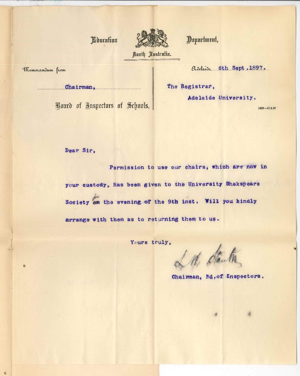 L W Stanton - Education Department - Adelaide - Chairs lent to University