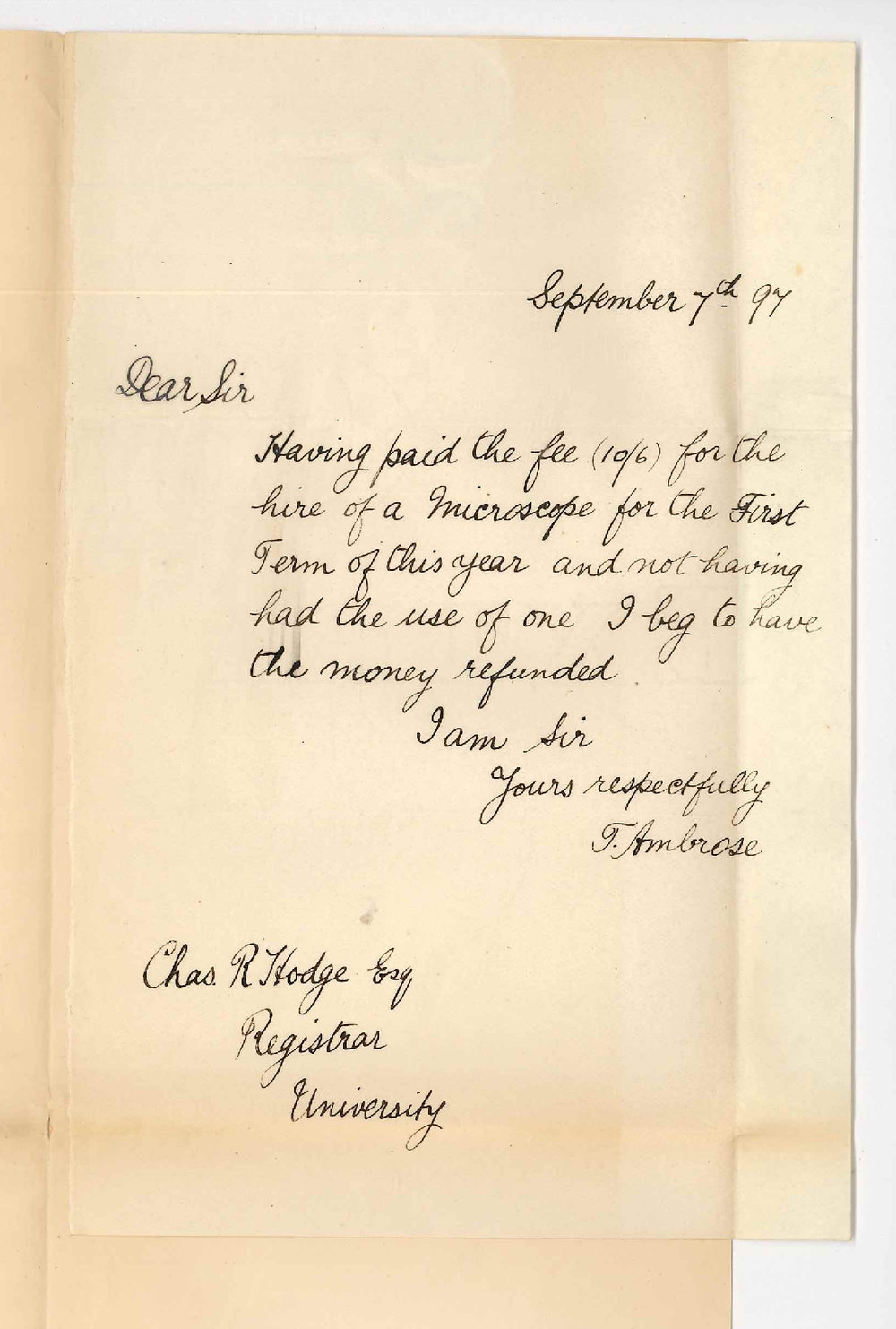 Theodore Ambrose - The University - Request for refund of Microscope fee