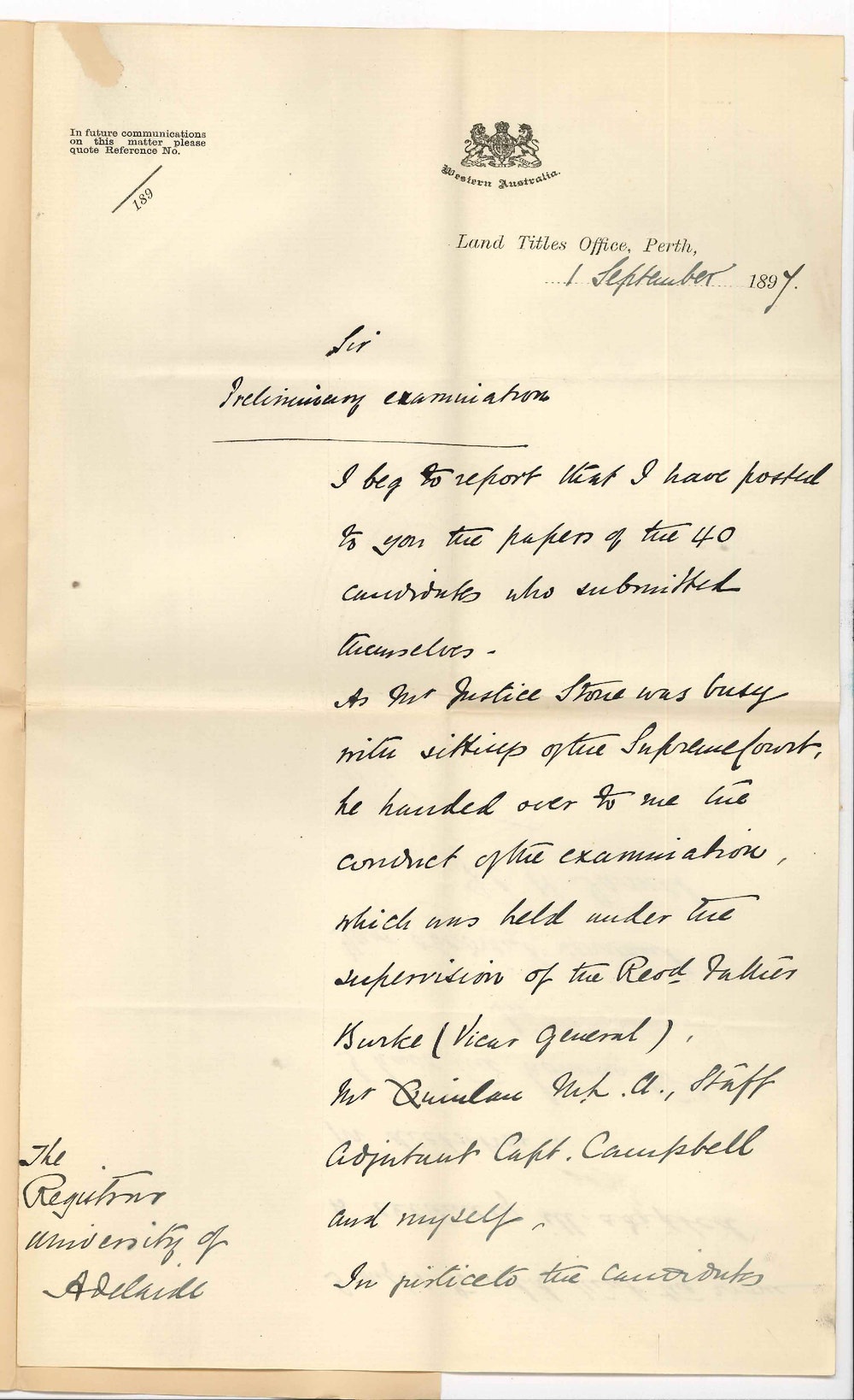 J C H James - Land Titles Office - Perth - Forwarding the Preliminary Papers