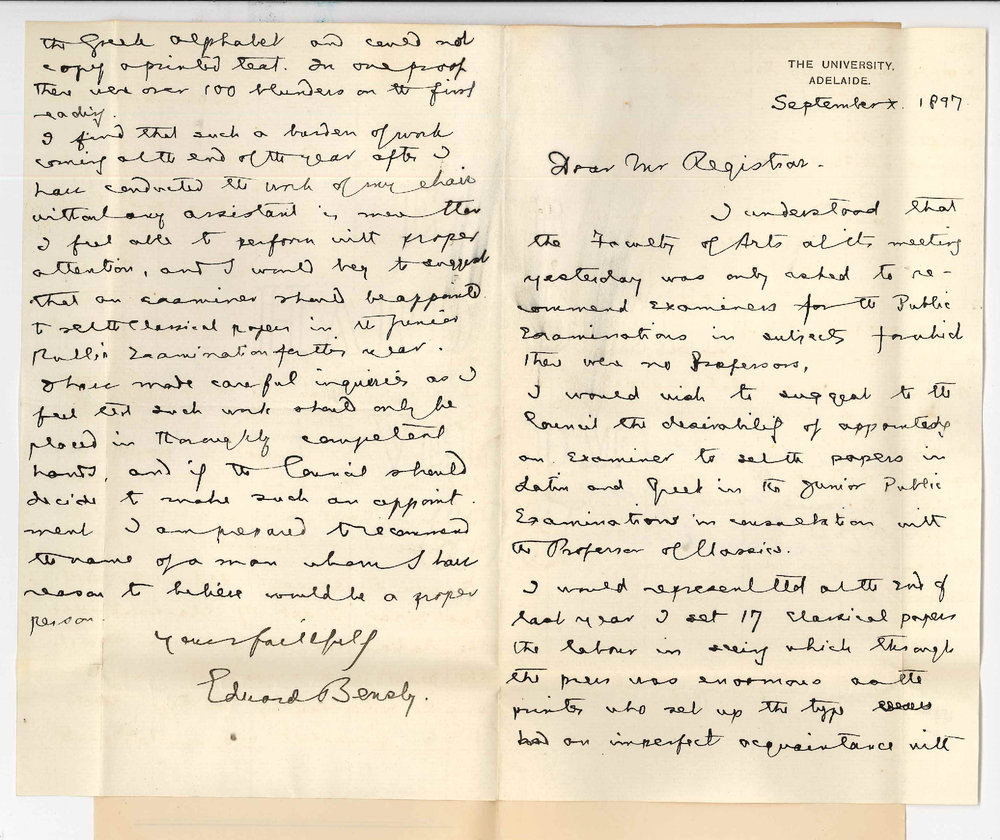 Professor Edward von Blomberg Bensley - The University - Request for appointment of examiners to set papers in Latin and Greek for public examinations