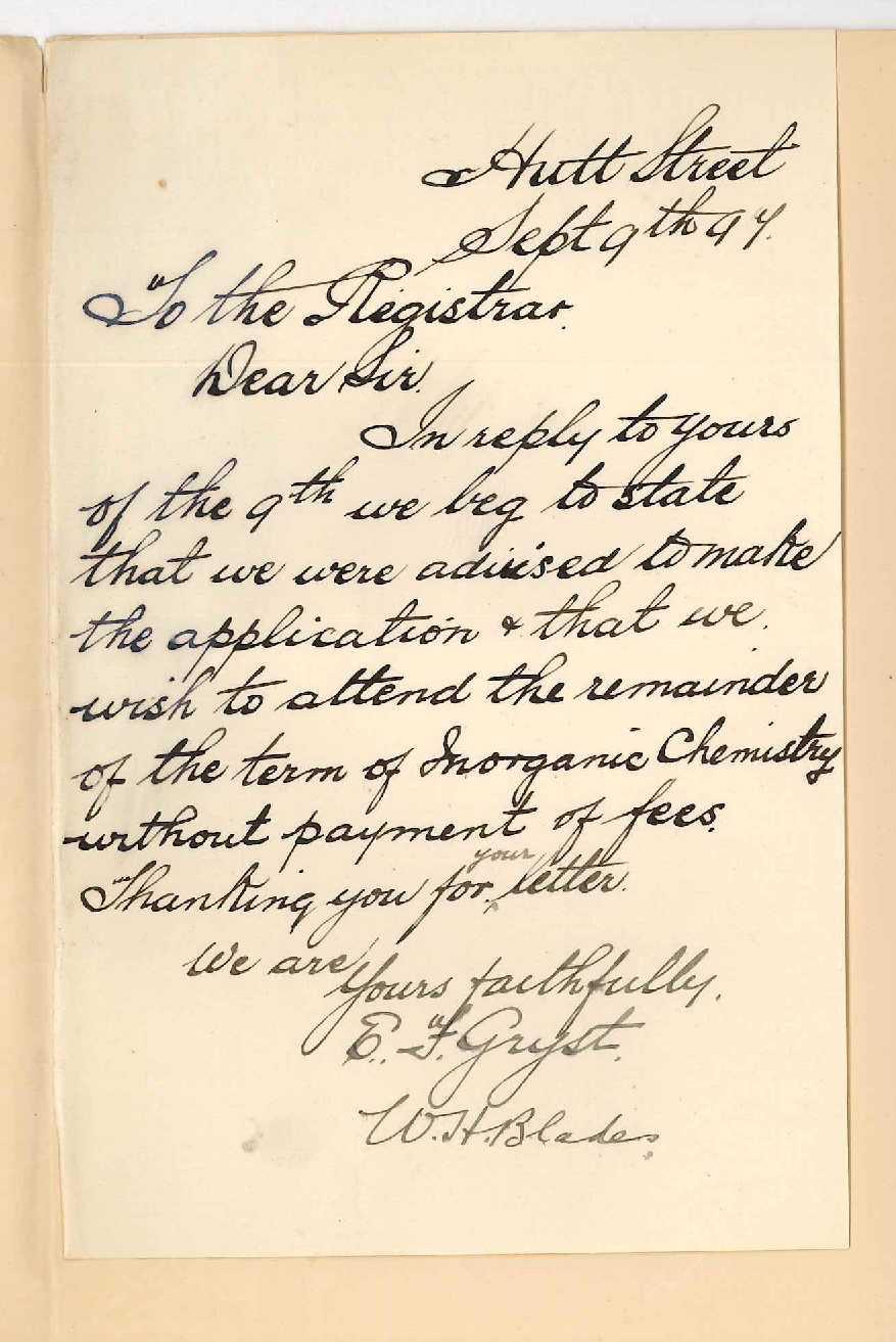 Edward Fisher Gryst - Walter Hubert Blades - Hutt Street Adelaide - Wish to attend lectures on Inorganic Chemistry without payment of fees