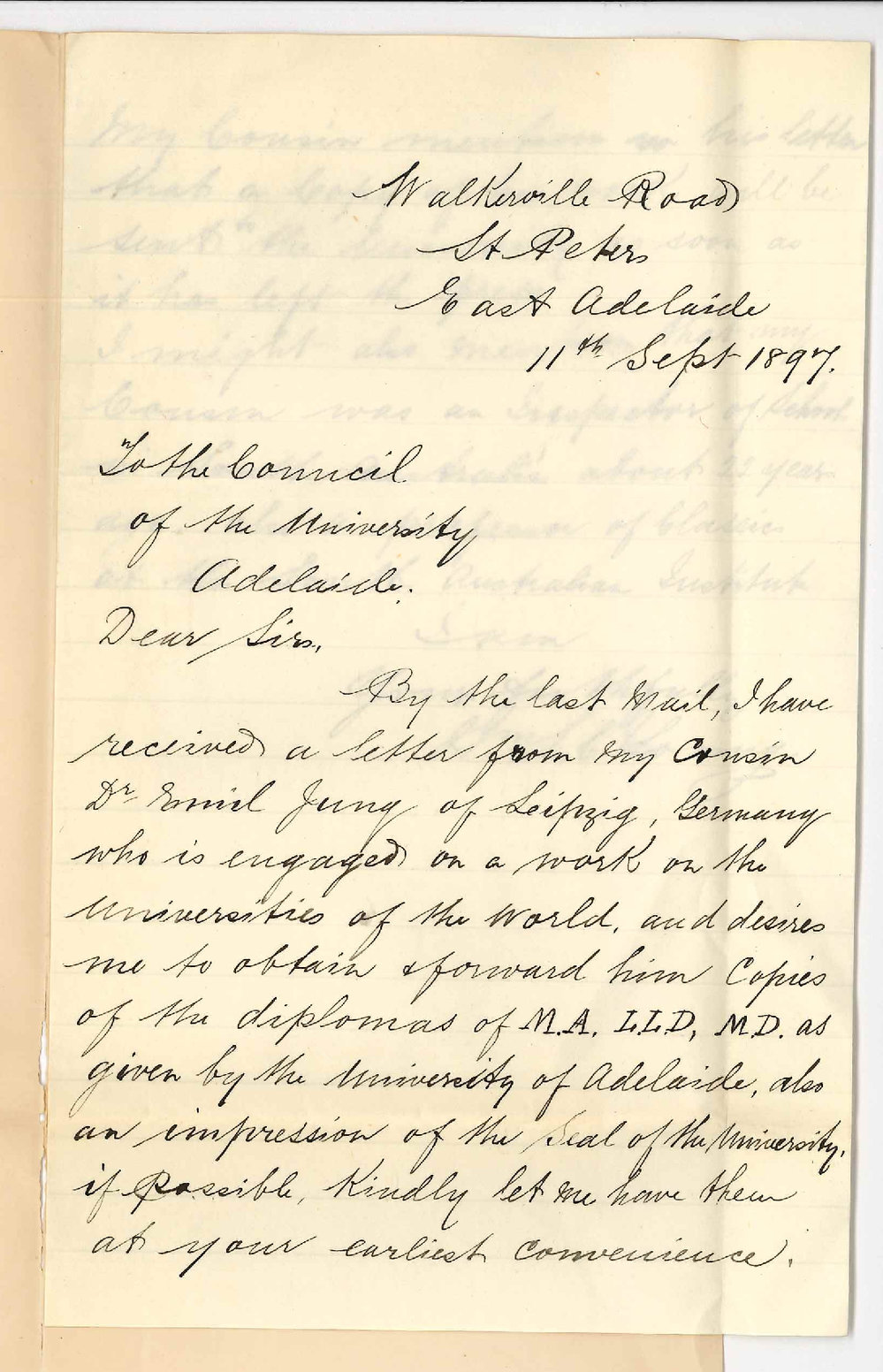 William L C Young - East Adelaide - Request for copies of diplomas and impression of Seal