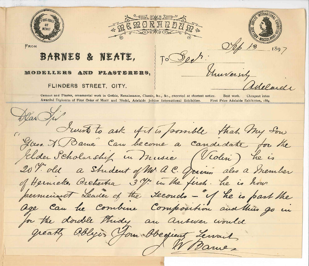 J W Barnes - Adelaide - Information regarding Elder Scholarship