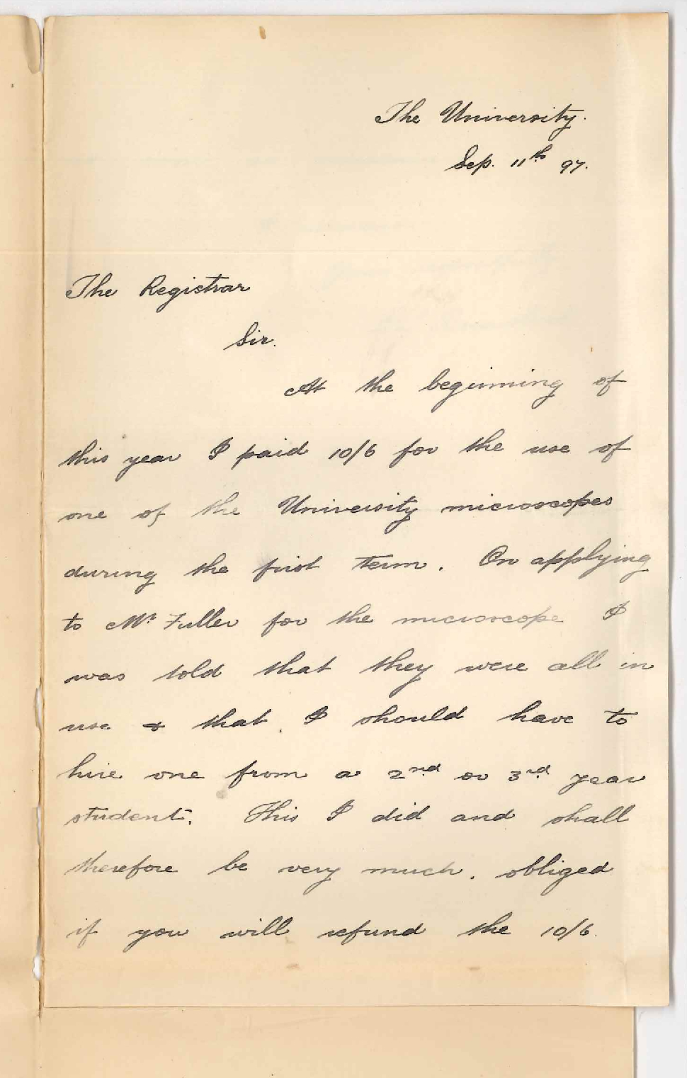 Percy Lewis Broadbent - The University - Asking for refund of Microscope Fee 10/6