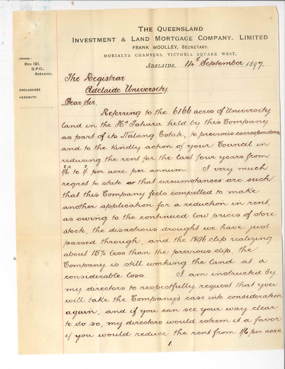 Frank Woolley - Secretary - The Queensland Investment and Land Mortgage Company Limited - Adelaide - Asking for further reduction of rent on Tatiara Lands