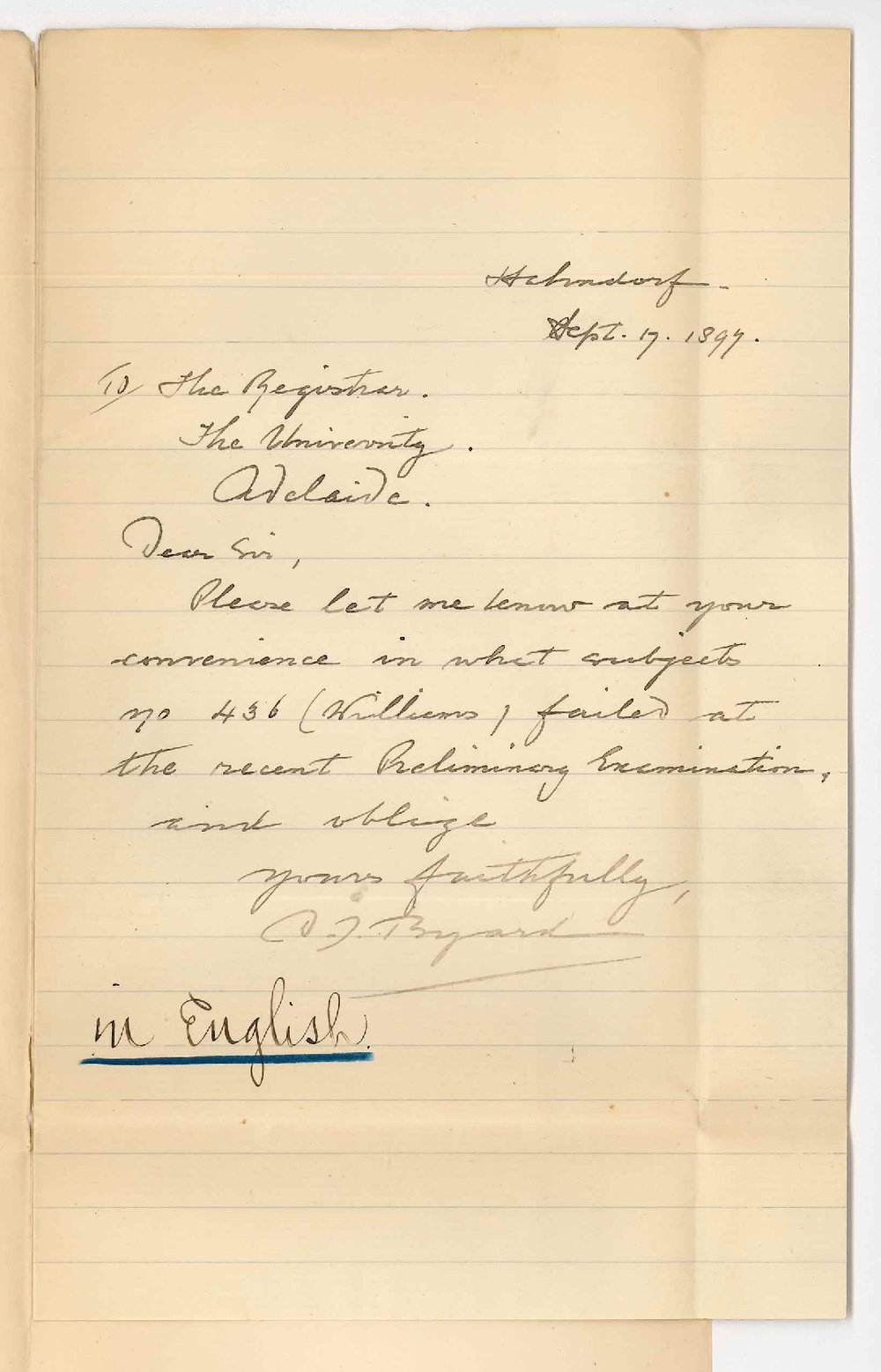 Douglas John Byard - Hahndorf - Asking in what subjects No 436 Williams failed at the Preliminary Exam