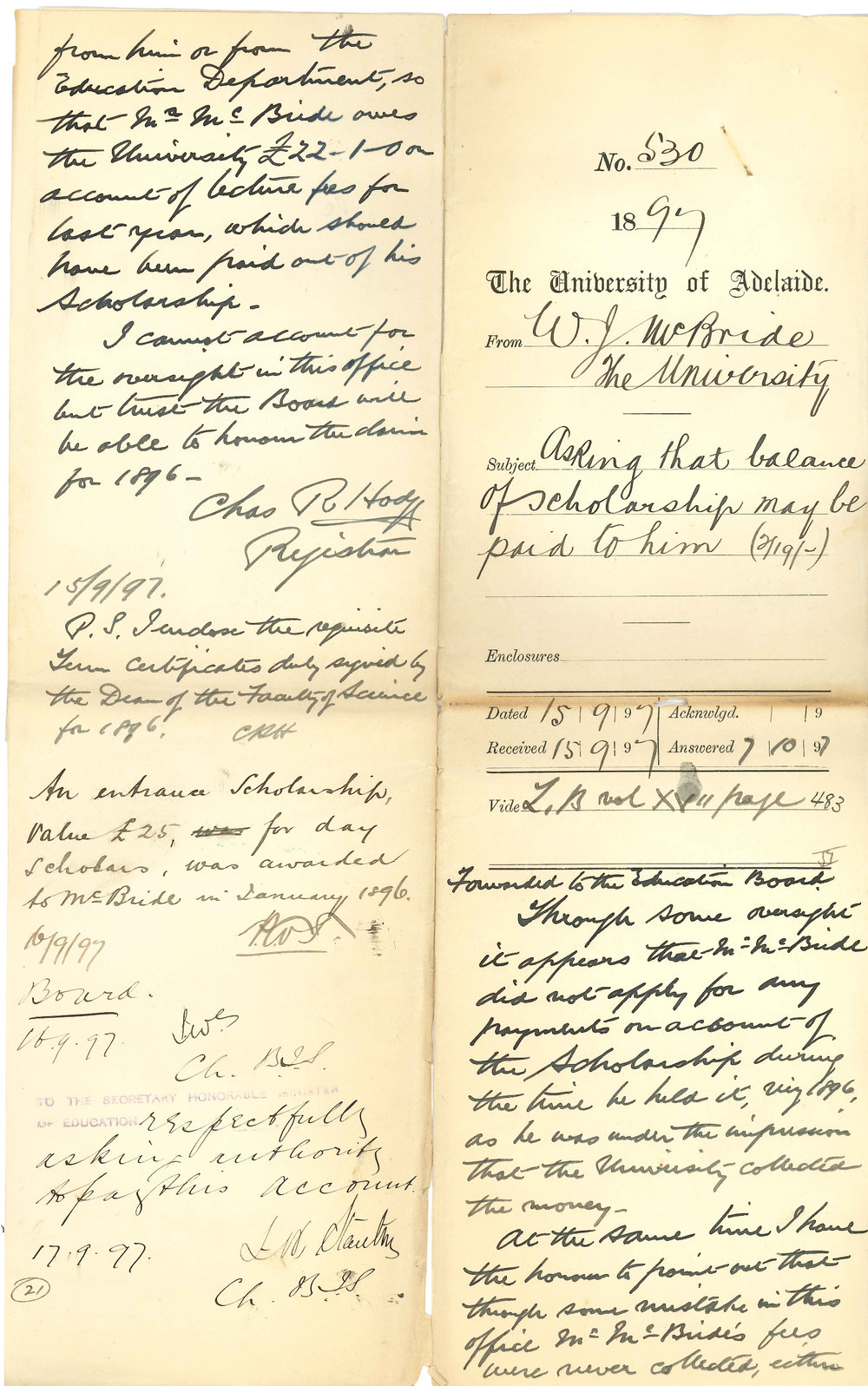 William J McBride - The University - Asking that balance of Scholarship may be paid to him