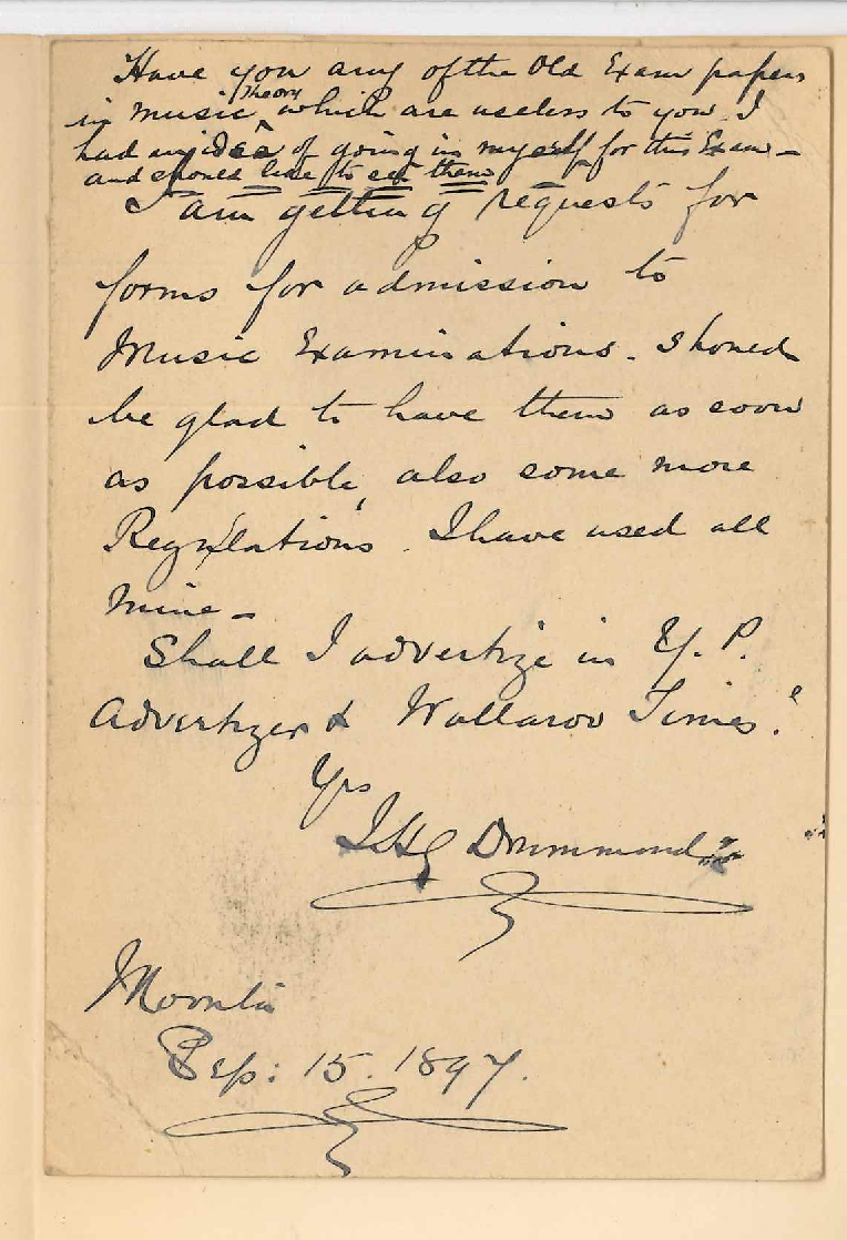 J H G Drummond - Moonta - Asking for Exam Papers in Theory Music