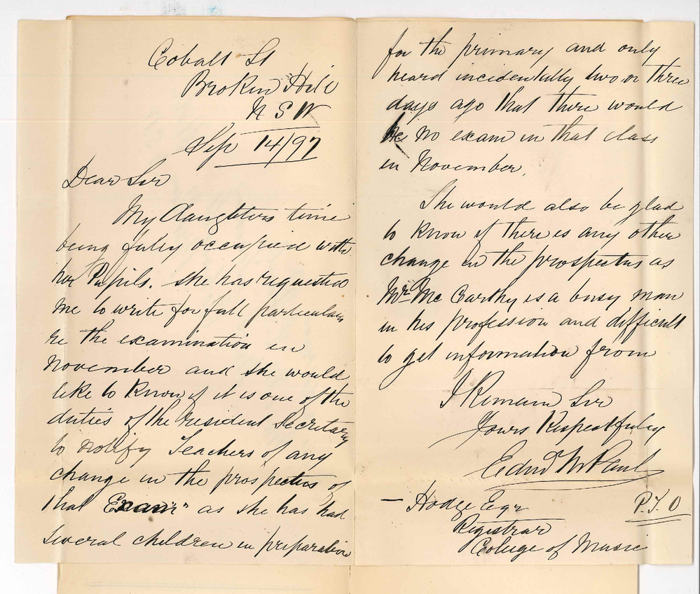 Edward M Paul - Broken Hill - Information re Music Exams at Broken Hill