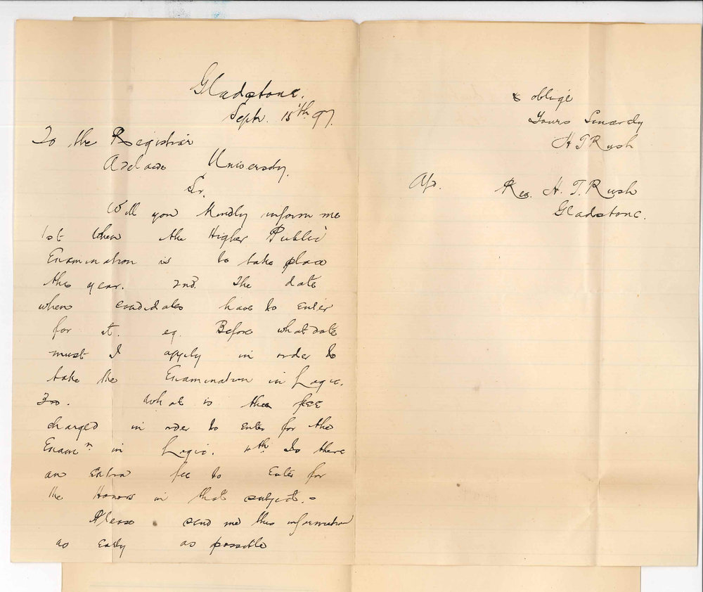 Reverend H T Rush - Gladstone - Information regarding Higher Public Exam