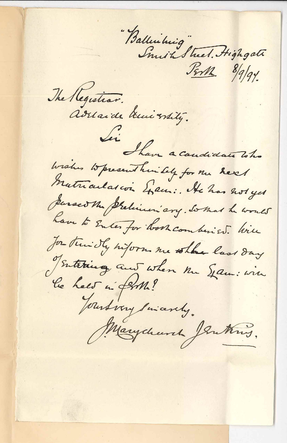 J Marychurch Jenkins - Highgate Perth - Asking if Exam for Senior and Preliminary combined will be held in Perth