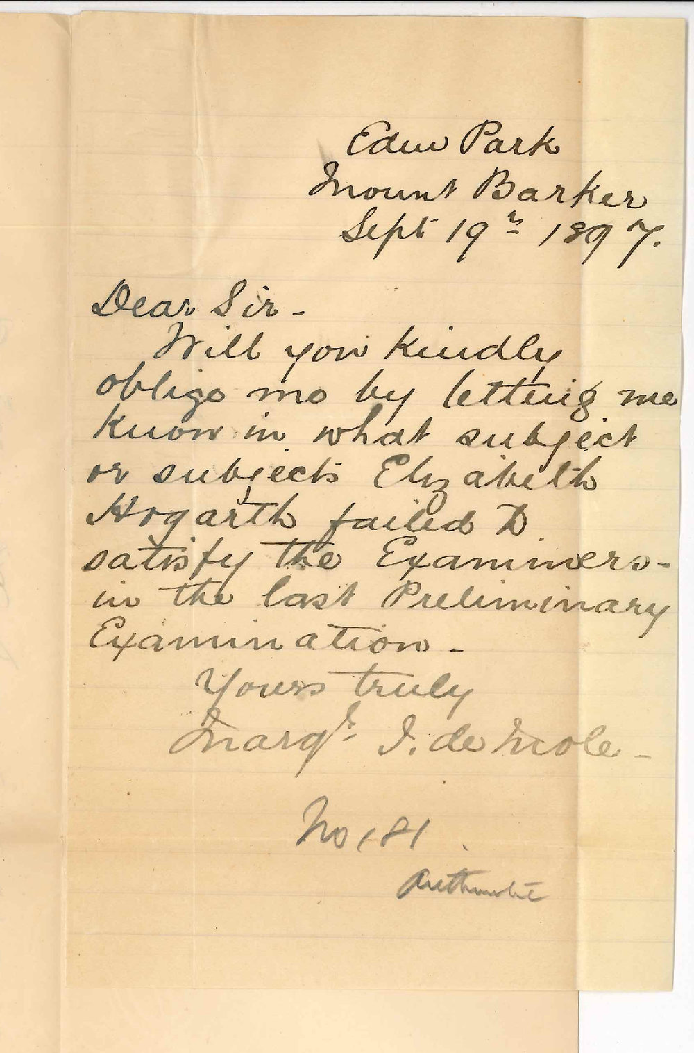 Miss Margaret Isabel de Mole - Eden Park Mount Barker - In what subject Elizabeth Hogarth failed to satisfy examiners in Preliminary Exam