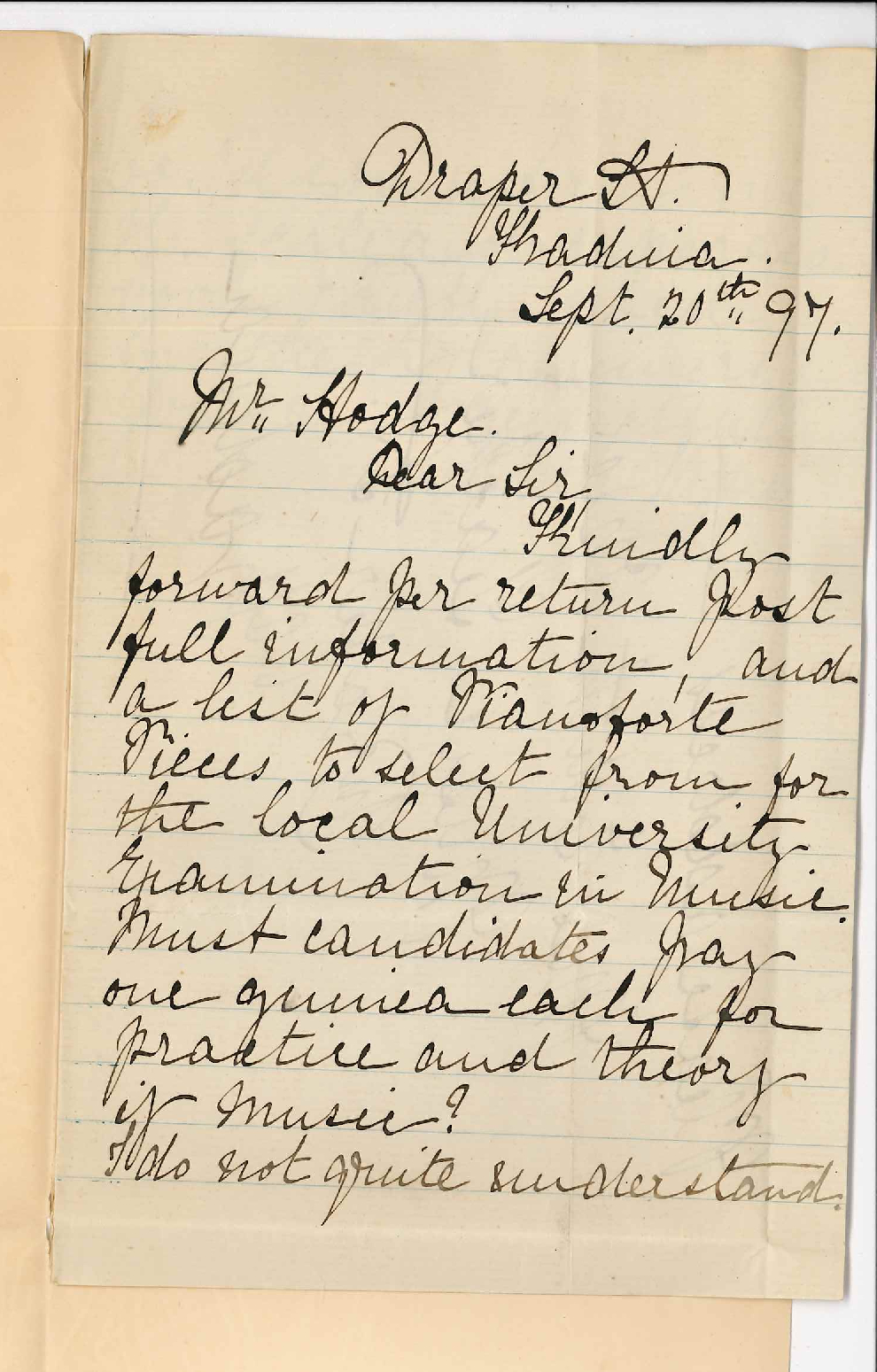 Miss Edith Opie - Draper Street Kadina - Information regarding Junior Exam in Music