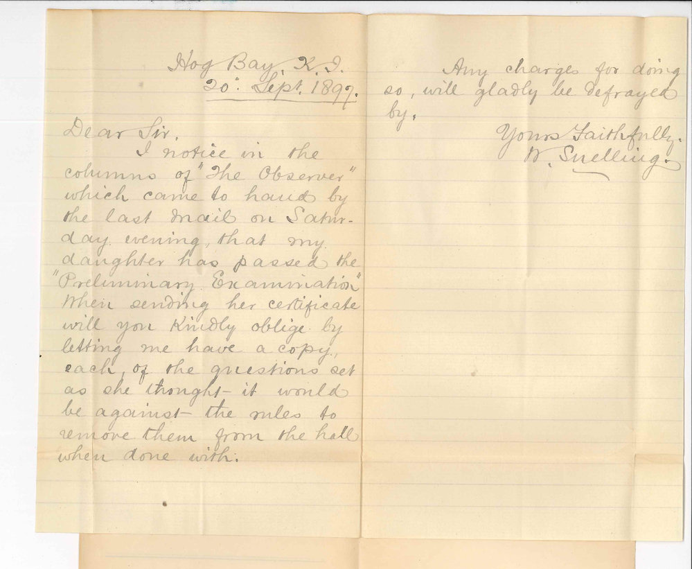 W Snelling - Hog Bay - Asking Preliminary Certificate and copies of exam papers for Mary Alethea Snelling