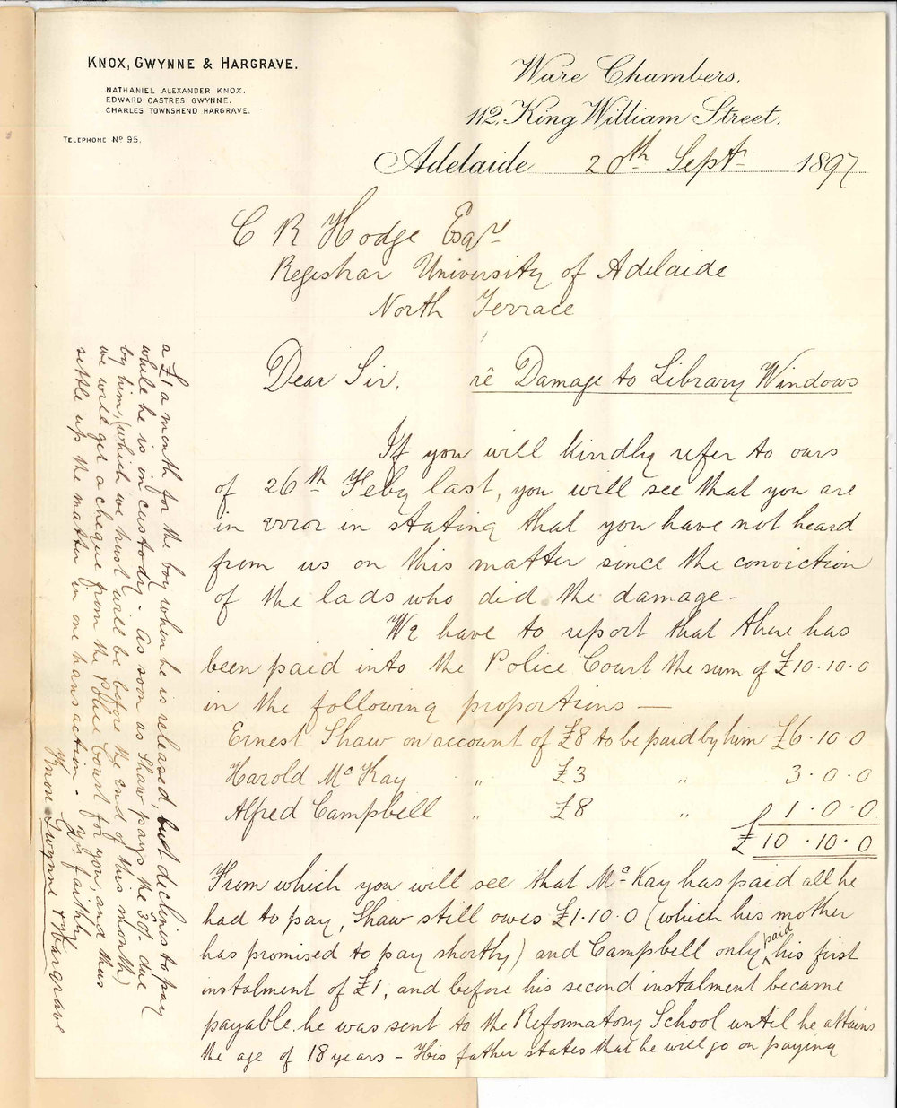 Knox Gwynne and Hargrave - Adelaide - Damage to Library windows