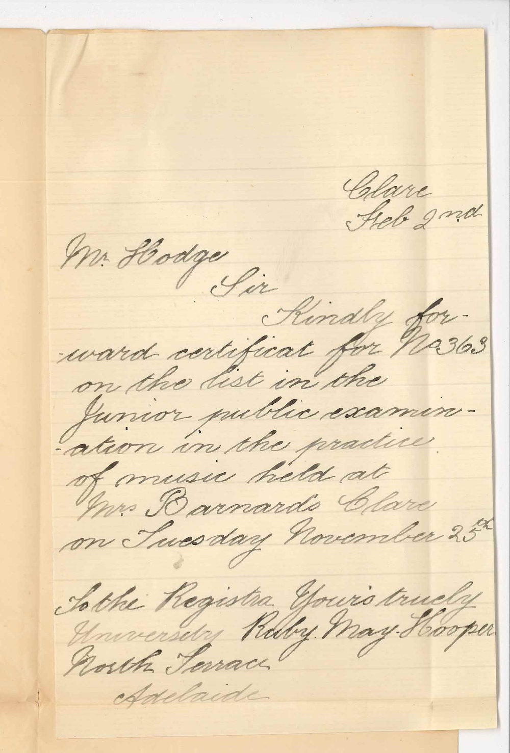 Ruby May Hooper - Clare - Requesting Music Certificate