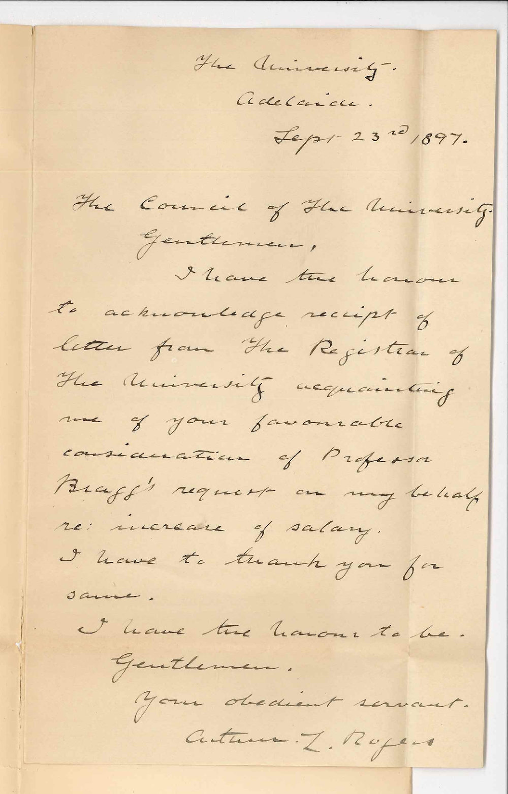 Arthur L Rogers - The University - Thanking Council for increase to salary