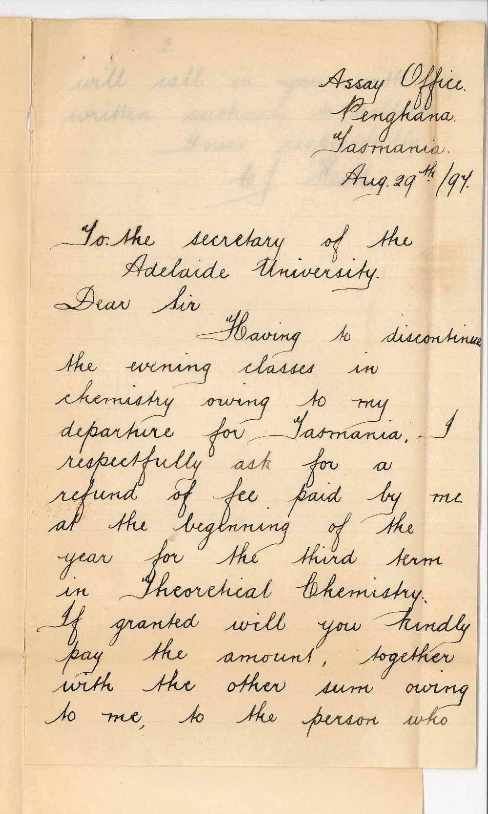 Charles James Hall - Assay Office - Penghana Tasmania - Asking for refund of Chemistry fee owing to departure for Tasmania