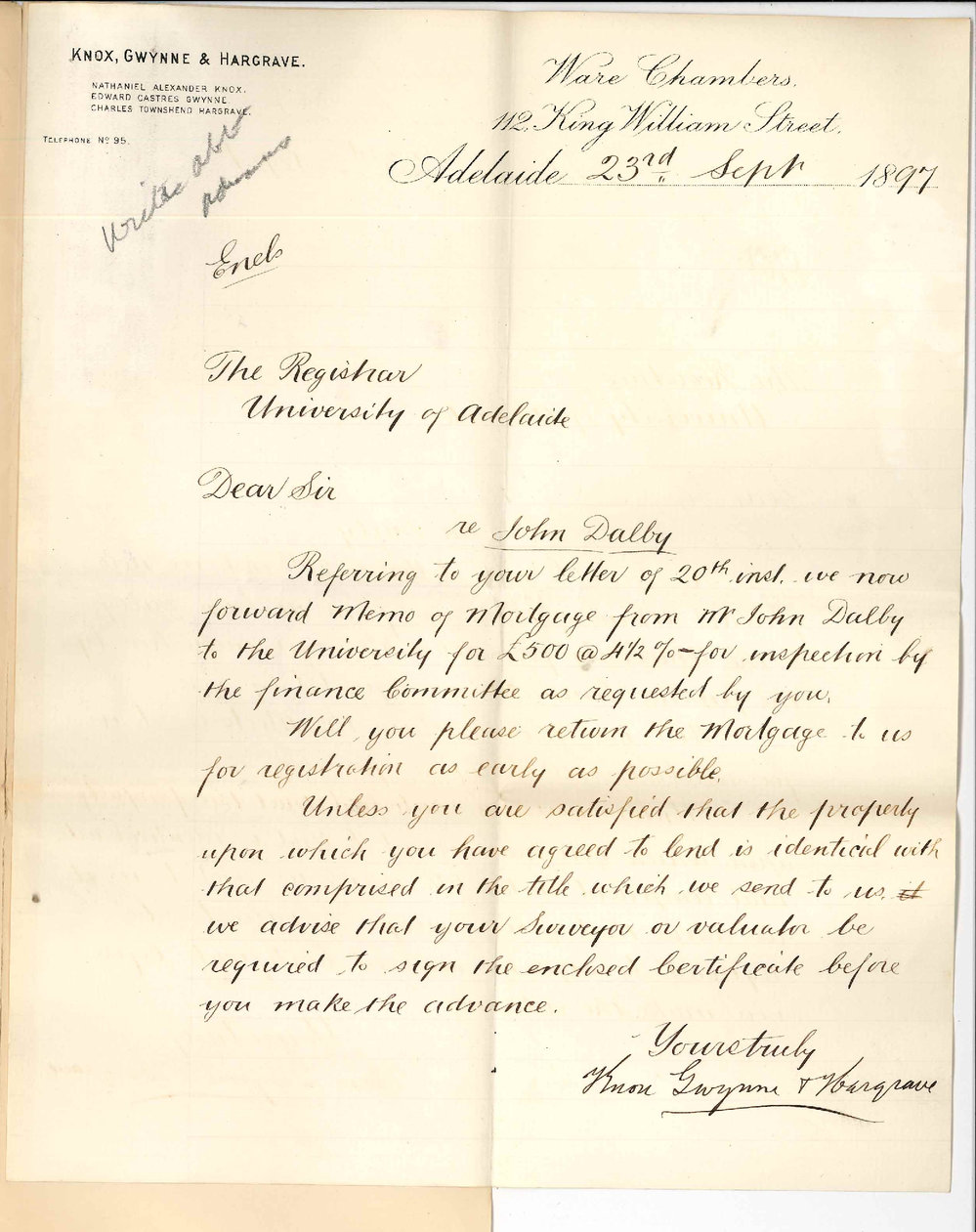 Knox Gwynne and Hargrave - Adelaide - Mortgage from John Dalby for &pound;500 at 4 1/2 %