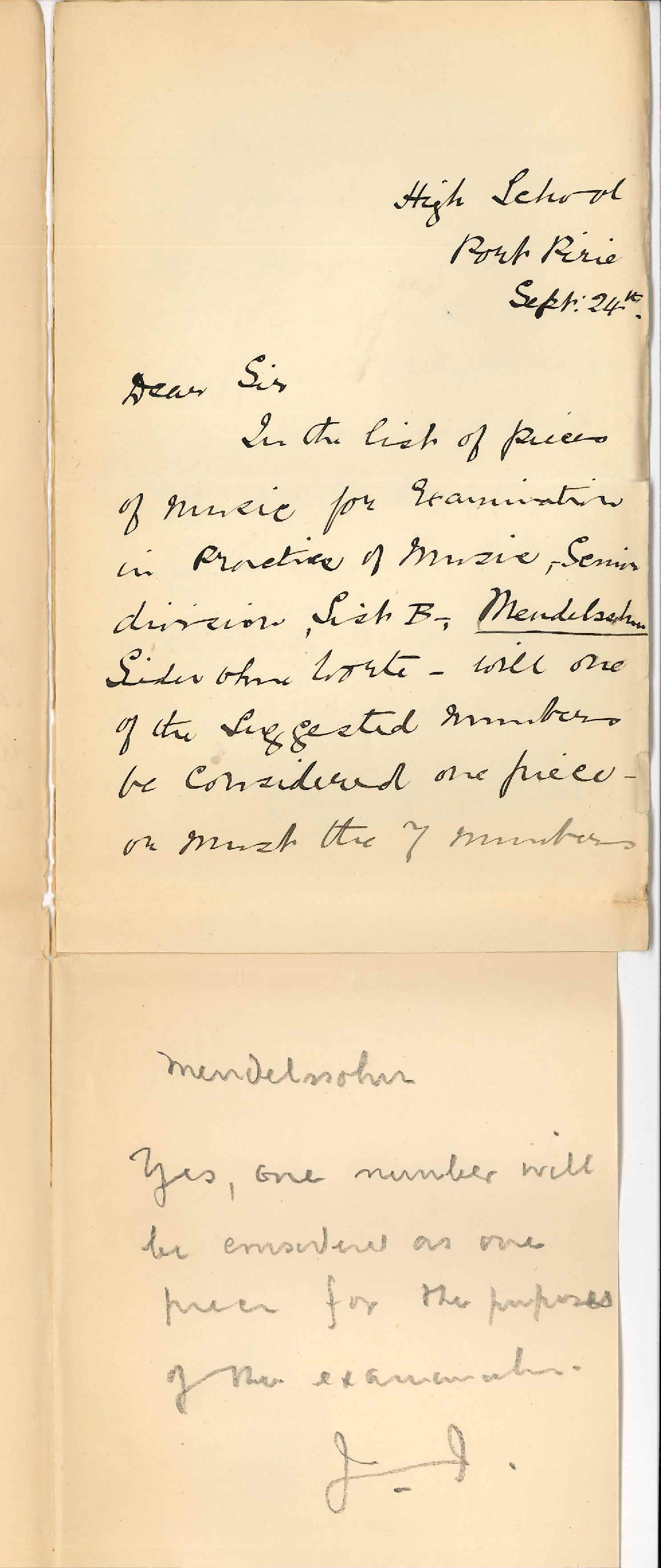Miss Bessie Scott - Port Pirie - Asking if the numbers of Mendelssohn's Lieder Ohue Worte must be taken as one piece or will one number be sufficient