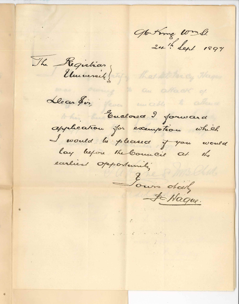 Percy Hague - King William Street Adelaide - Application for Exemption from lectures owing to illness