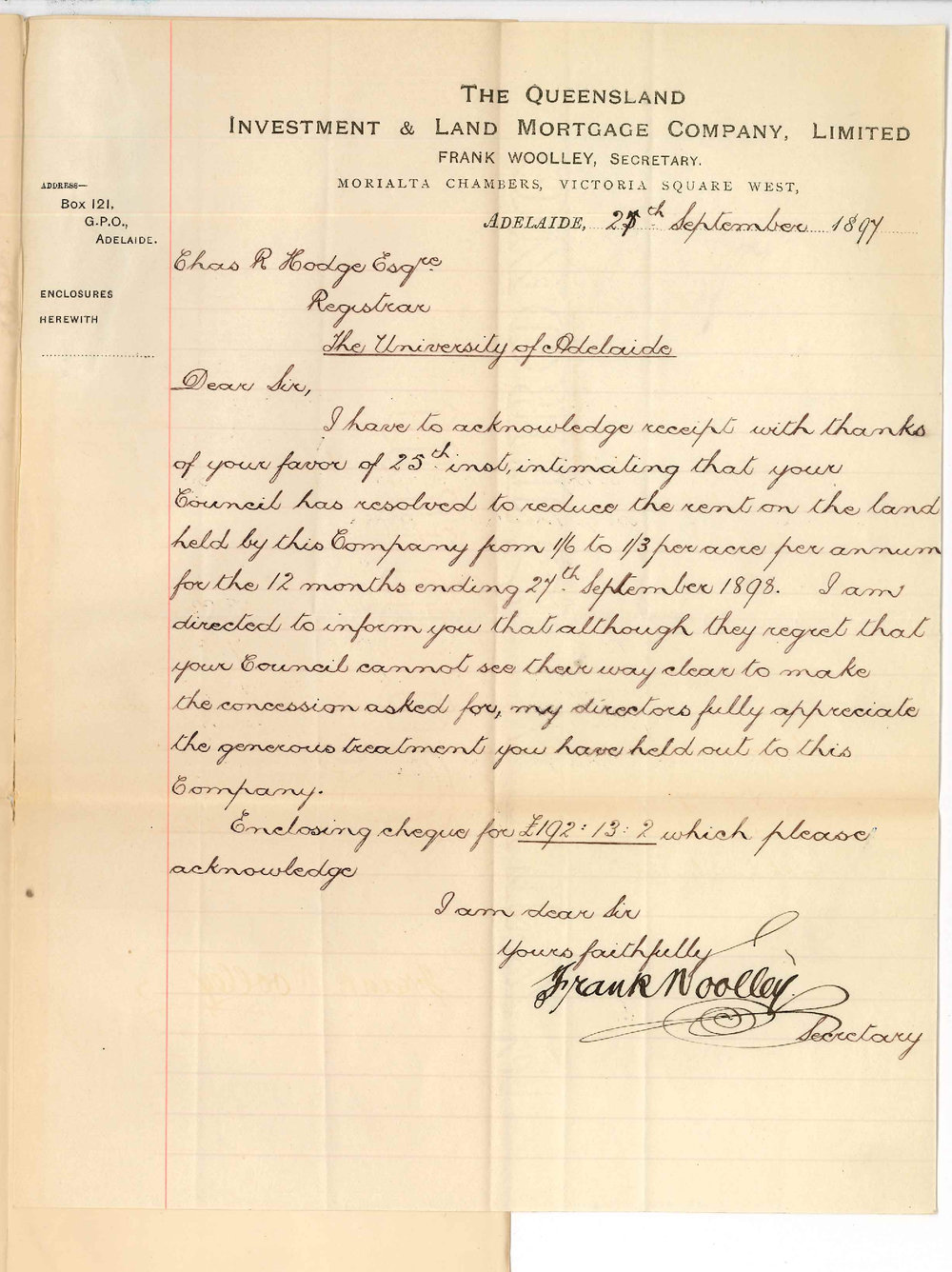 Frank Woolley - Secretary - The Queensland Investment and Land Mortgage Company Limited - Thanking Council for reducing rent for 12 months