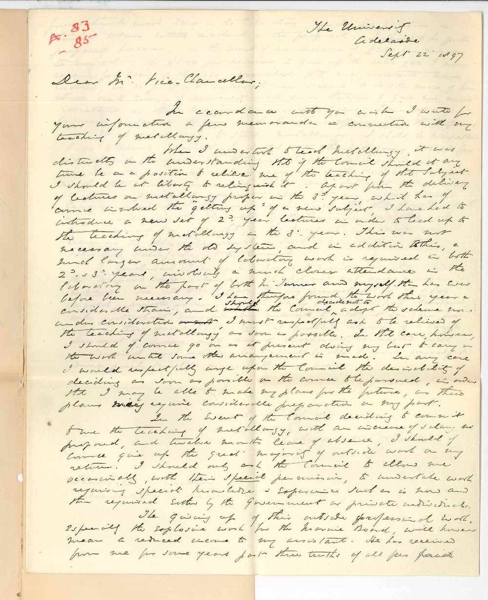 Professor Edward Henry Rennie to the Vice Chancellor - Concerning his appointment as Lecturer on Metallurgy - Leave of absence - Expenses incurred in visiting Europe