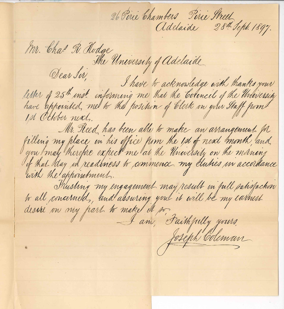 Joseph Coleman - The Pirie Chambers Adelaide - Thanking Council for appointment as Clerk